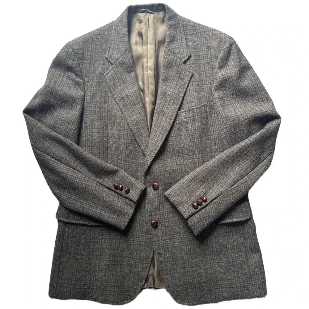 VTG Culwell & Son TX Tweed Sport Coat Jacket 41R Leather Button Windowpane Plaid